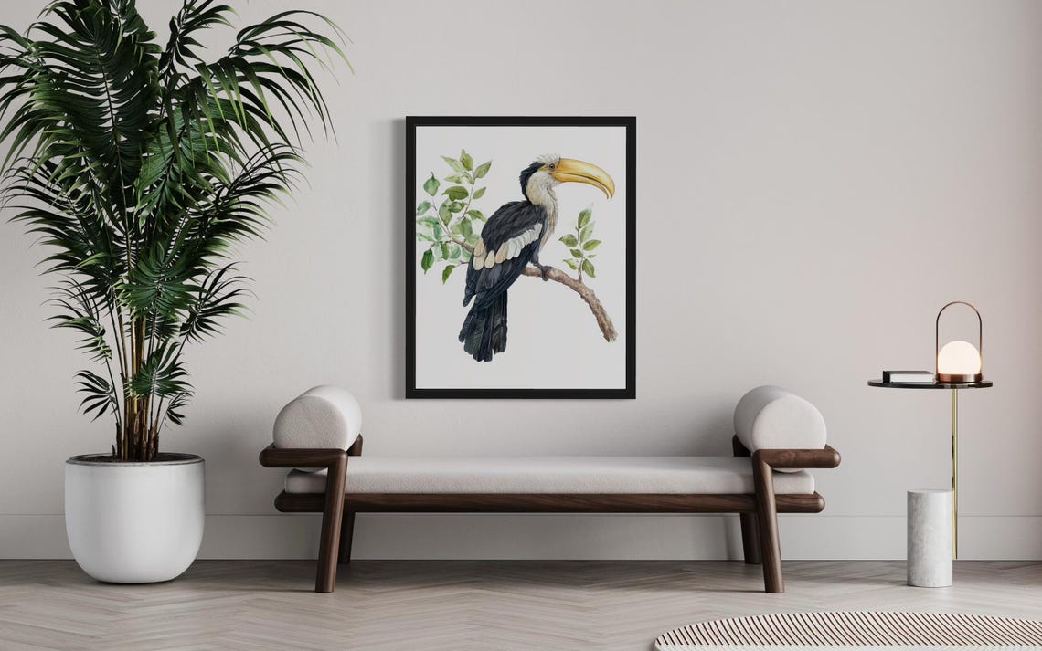 Hornbill with a Yellow Bill on a Leafy Branch Watercolor Poster - Image 3