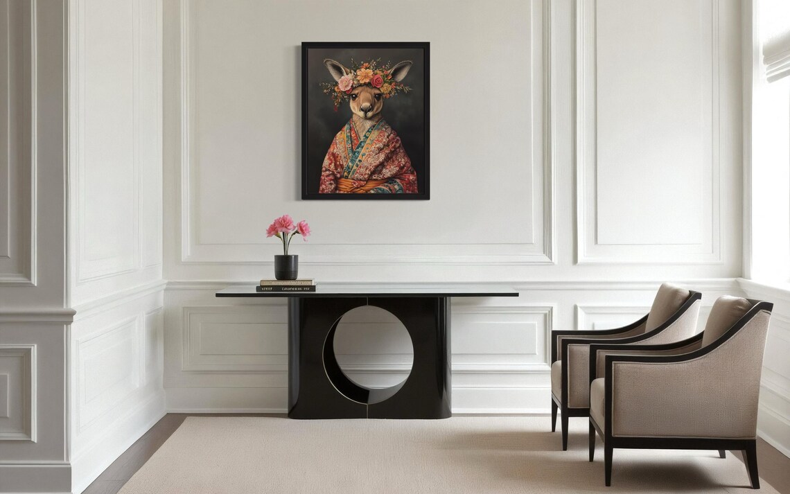 Kangaroo Wearing Flower Crown and Floral Kimono Fine Art Decor Poster - Image 2
