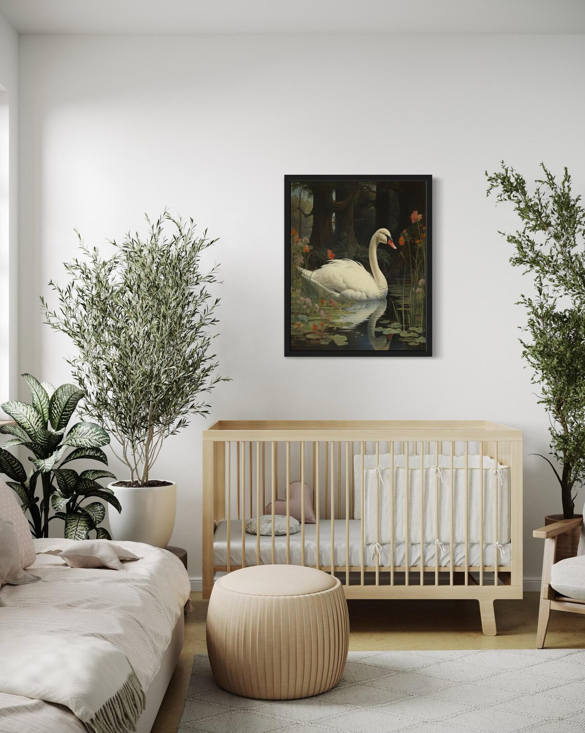 Mute Swan Gliding on a Dark Floral Lily Pond Vintage Waterfowl Poster - Image 3