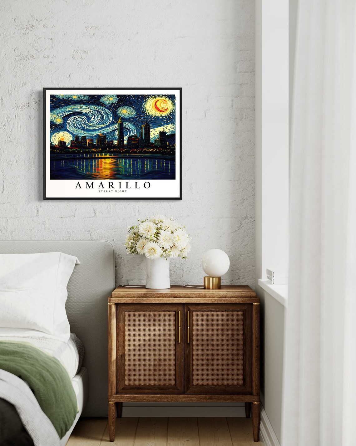 Amarillo Texas Starry Night Skyline Glowing Water Reflection Art Poster - Image 2