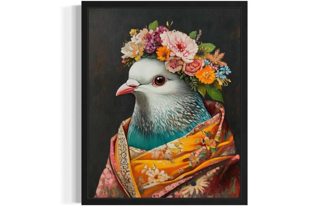 Pigeon Wearing Flower Crown and Colorful Kimono Fine Art Decor Poster