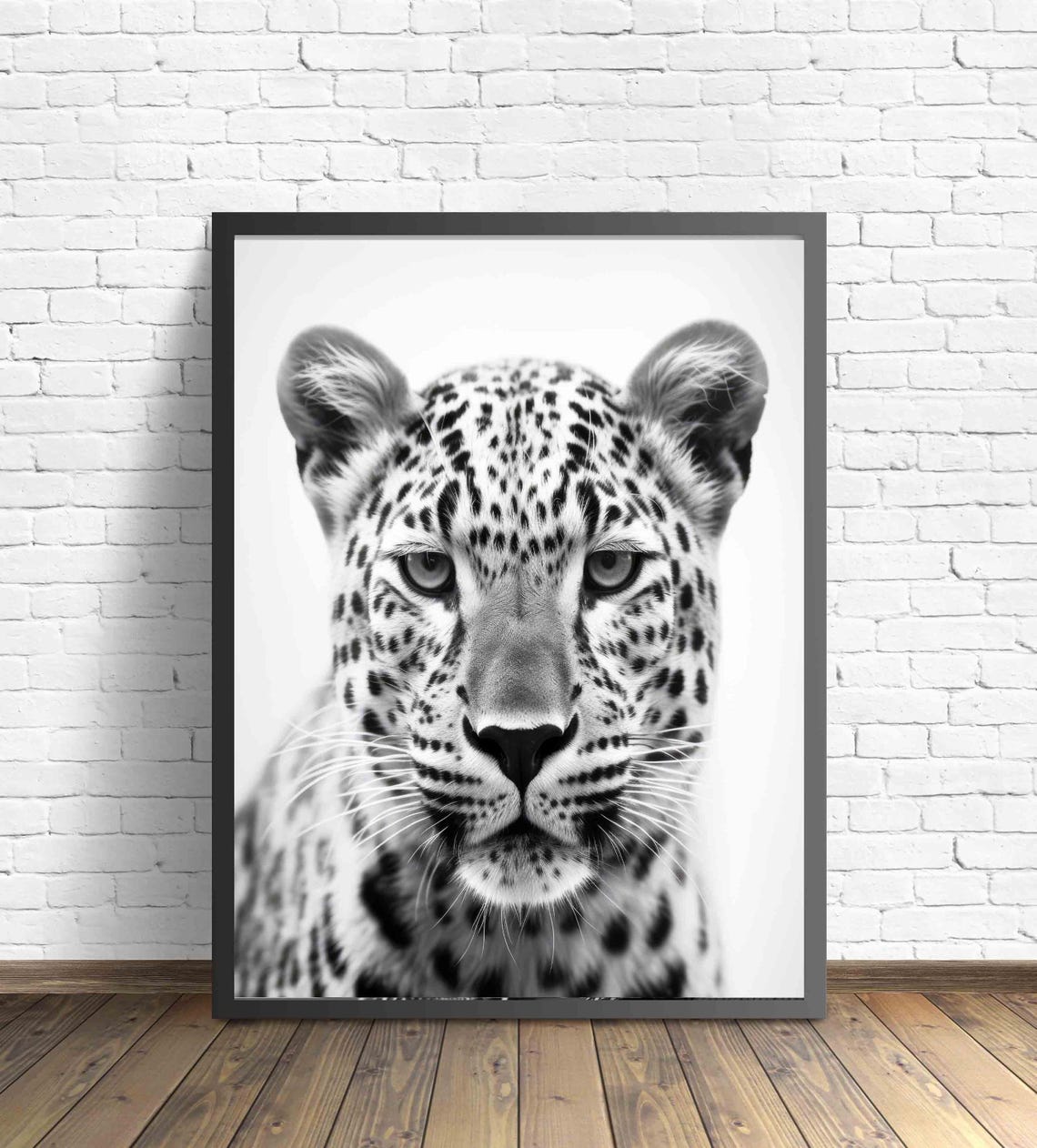 Intense Leopard Face Front View in Black and White Portrait Poster - Image 2