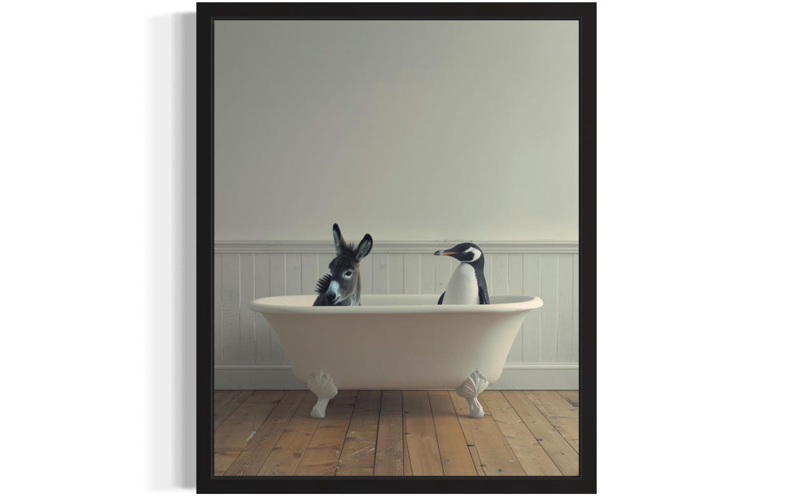 Donkey And Penguin Sitting Side By Side In Vintage Clawfoot Tub Poster