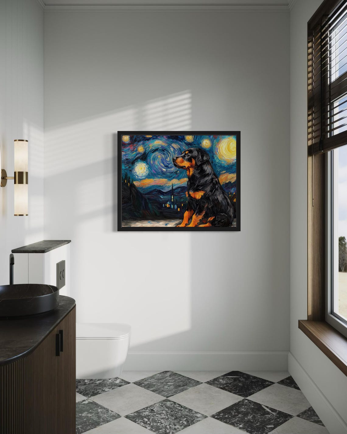 Rottweiler Dog Sitting Under Van Gogh Swirling Starry Night Poster - Image 3