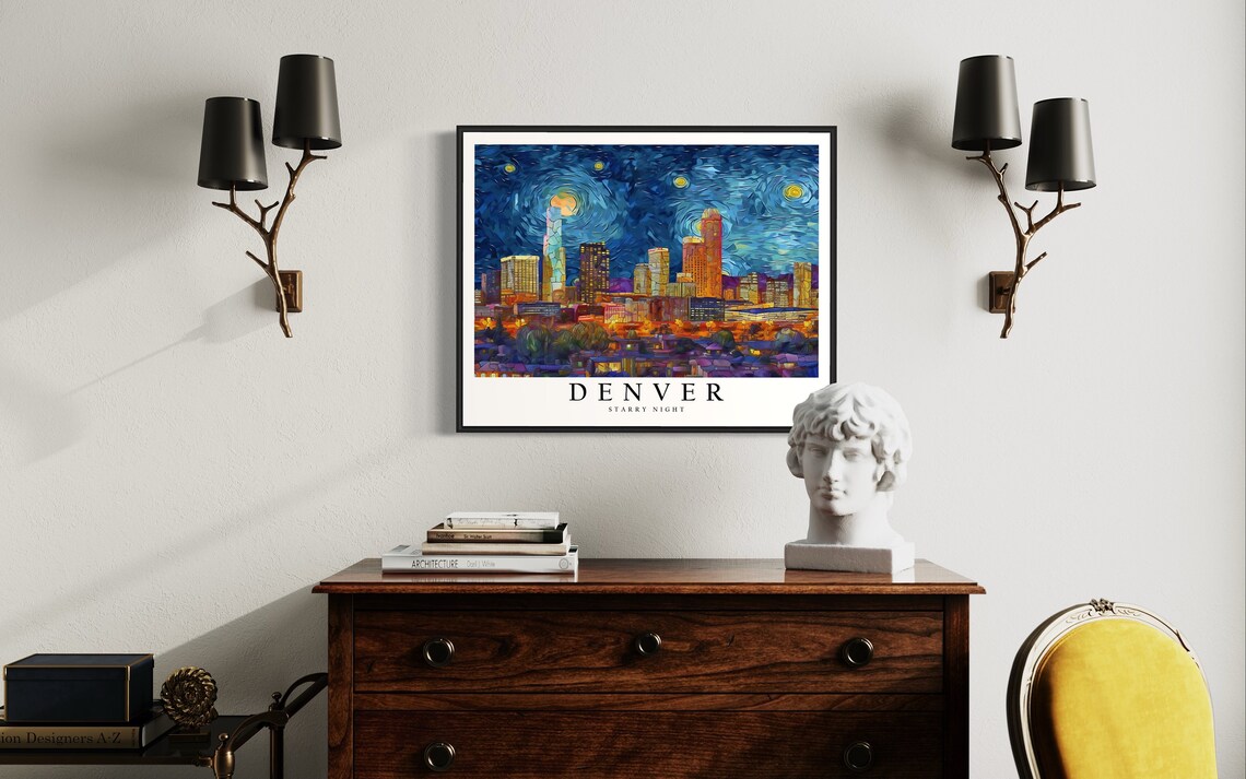 Denver Colorado Starry Night Downtown Skyline Glowing City Art Poster - Image 4
