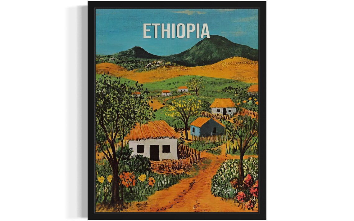 Ethiopia Thatched Cottages Golden Savanna Hills Folk Art Poster