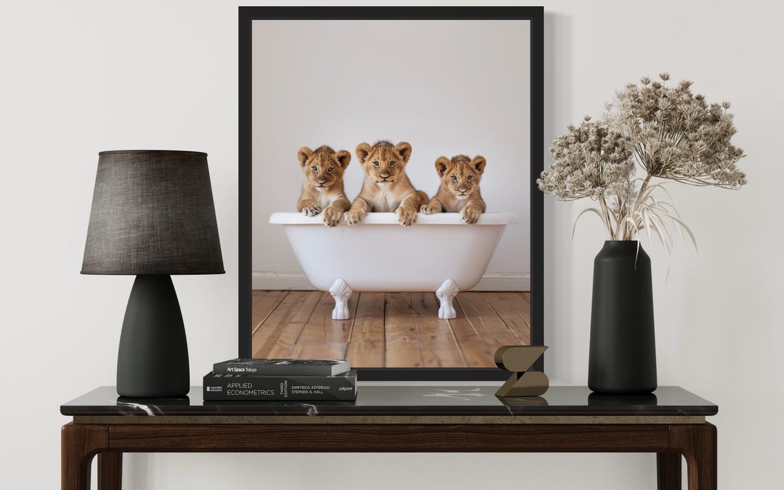 Three Lion Cubs Peeking Over a White Clawfoot Bathtub Photo Poster - Image 2