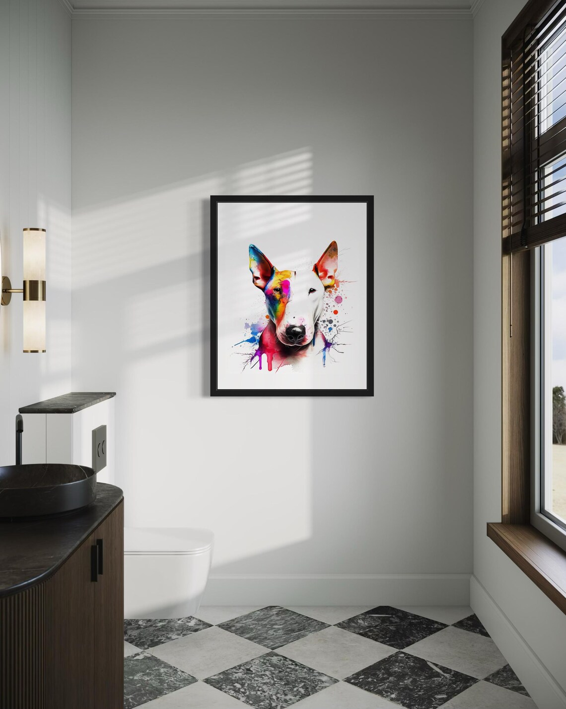 White Bull Terrier Rainbow Watercolor Splash Portrait Poster - Image 4