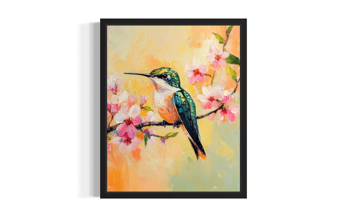 Hummingbird Among Cherry Blossoms Impressionist Bird Painting Poster