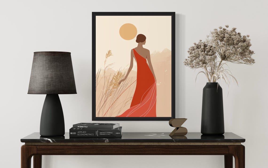 Graceful Woman in Red Dress Walking Minimalist Boho Art Poster - Image 3