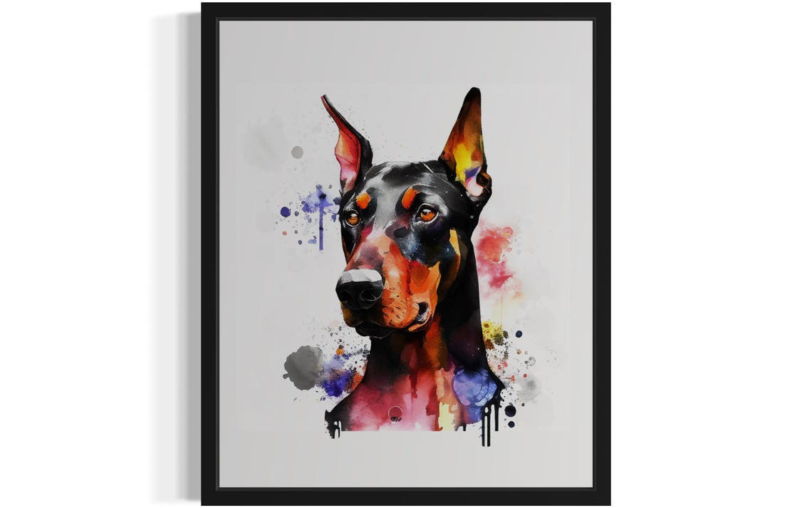 Dobermann Watercolor Portrait Rust Red Splash Ink Art Poster