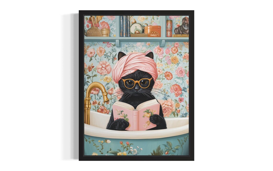 Funny Black Cat Reading In Bathtub Book Lover Bathroom Art Poster