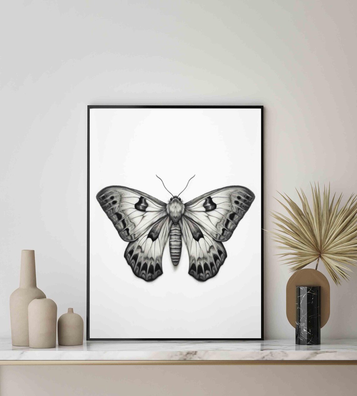 Detailed Moth with Spread Wings Black and White Pencil Sketch Poster - Image 4