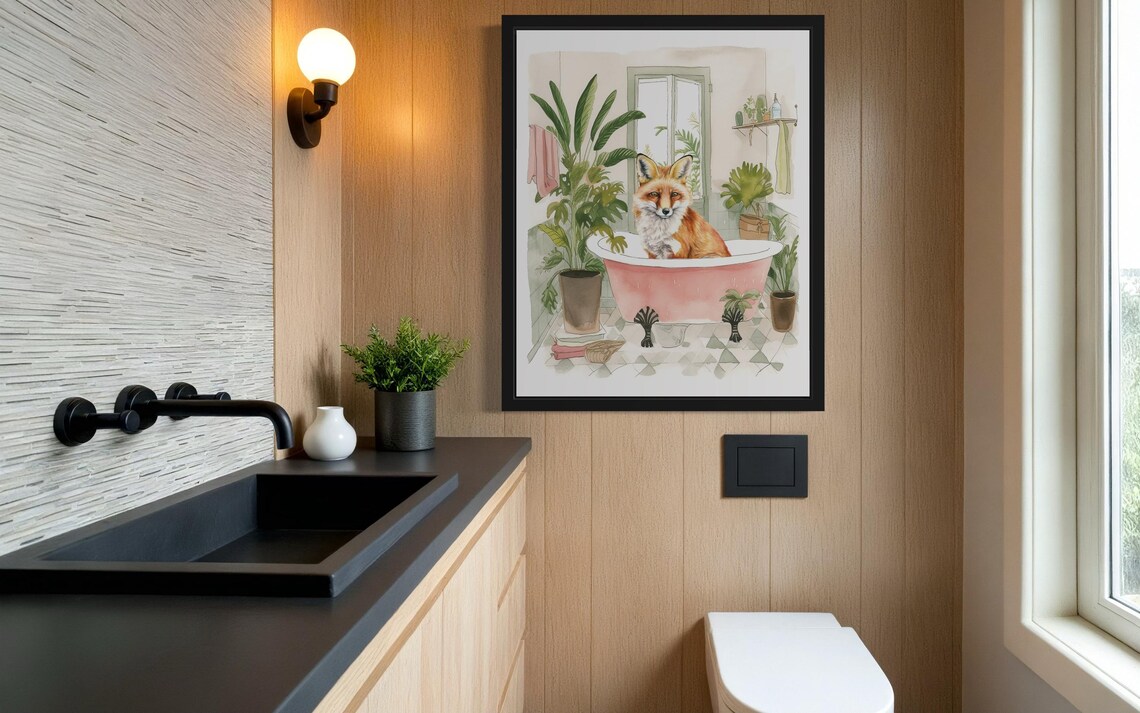 Red Fox Relaxing in a Pink Clawfoot Tub Watercolor Bathroom Poster - Image 4