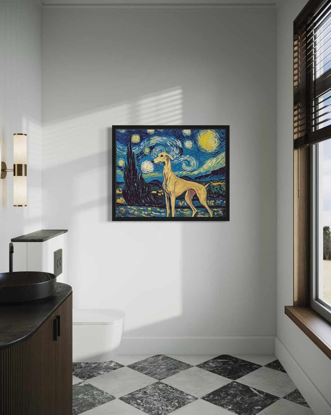 Whippet Starry Night Van Gogh Style Standing Dog Portrait Poster - Image 3