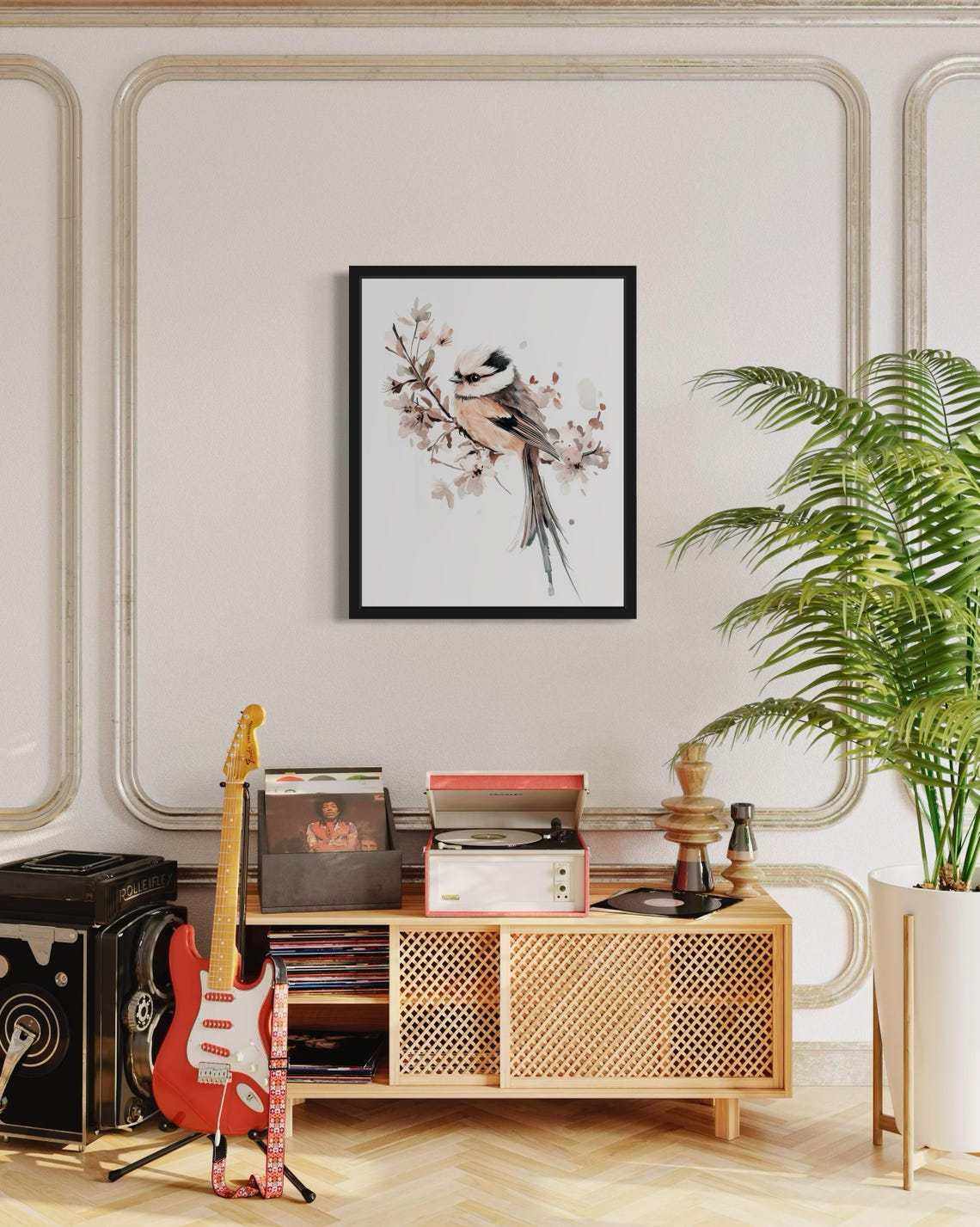 Long Tailed Tit on a Cherry Blossom Sprig Watercolor Bird Poster - Image 4