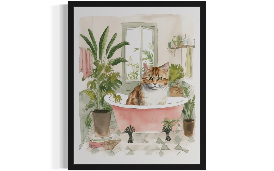 Orange Tabby Cat in a Pink Clawfoot Tub Watercolor Bathroom Poster