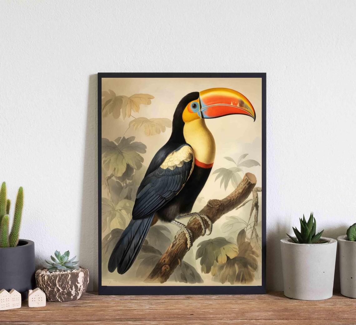 Toco Toucan Perched on a Branch with Tropical Leaves Vintage Poster - Image 4
