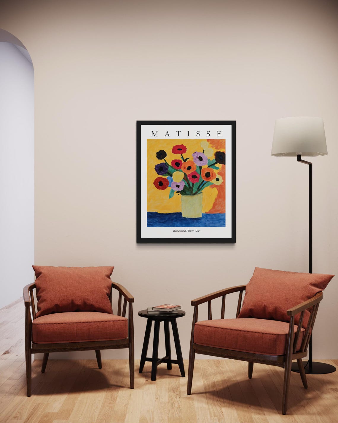 Ranunculus Bloom Vase Against Golden Yellow Matisse Style Poster - Image 2