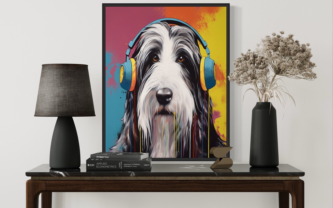 Bearded Collie Wearing Headphones Colorful Pop Dog Art Poster - Image 3