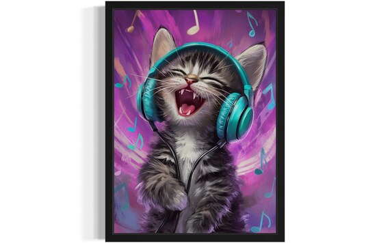 Joyful Kitten Singing with Teal Headphones on Purple Music Poster
