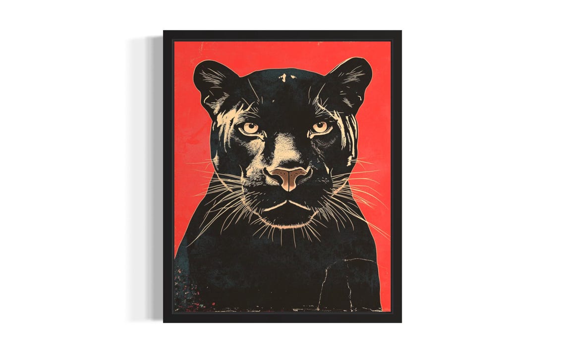 Black Panther Pop Art Poster Red Background Bold Wild Cat Wall Decor