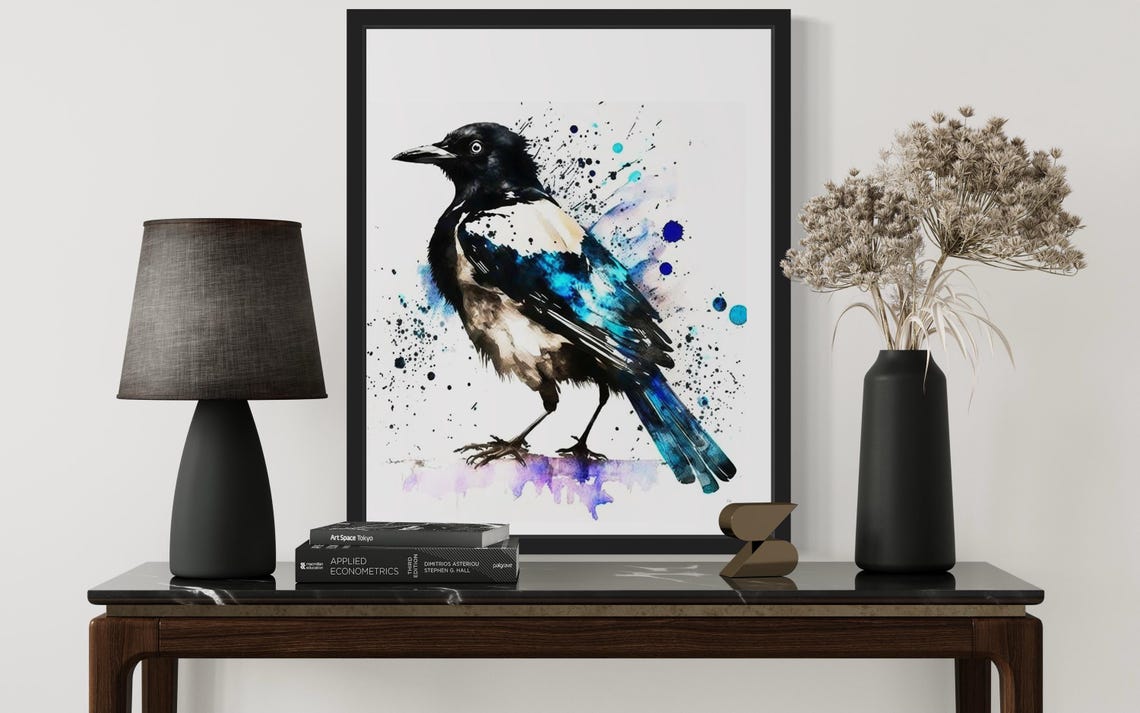 Magpie Perched In Blue Black Watercolor Splash Style Bird Poster - Image 2