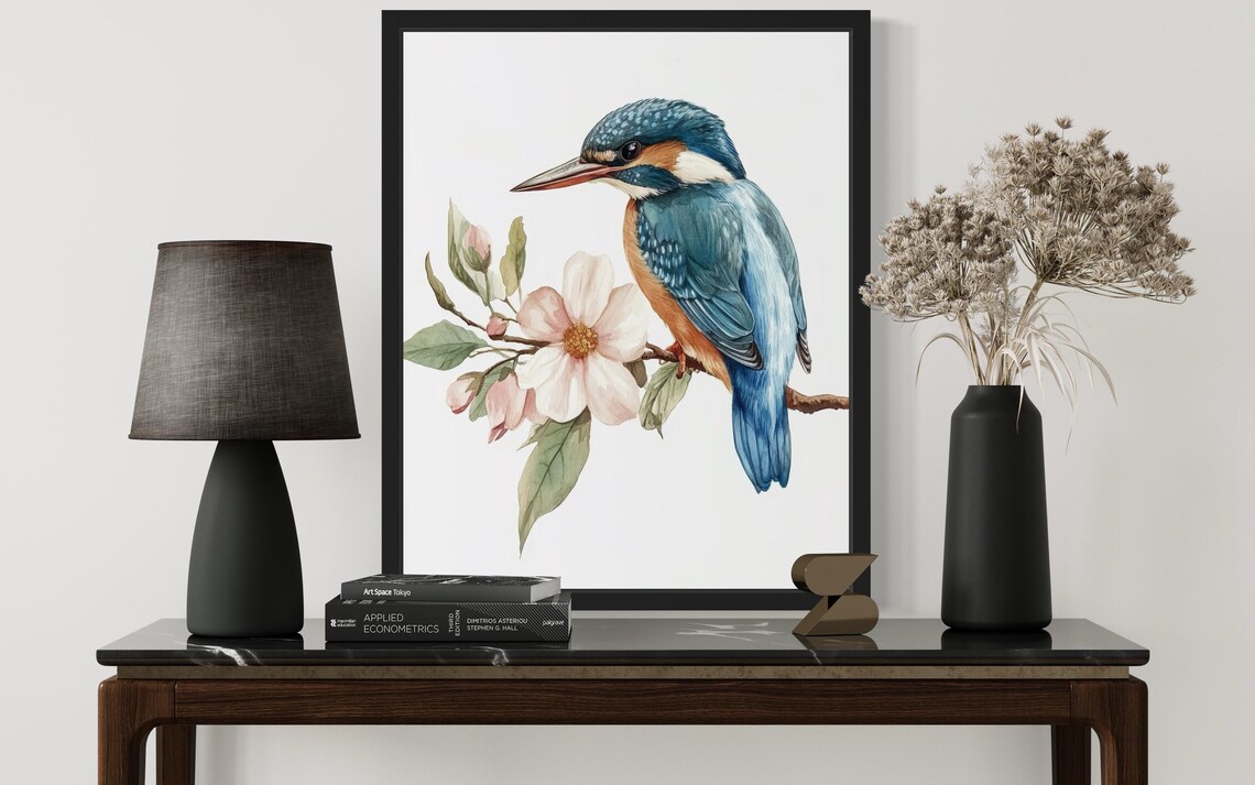Kingfisher Beside a Blooming Branch Watercolor Bird Art Poster - Image 2