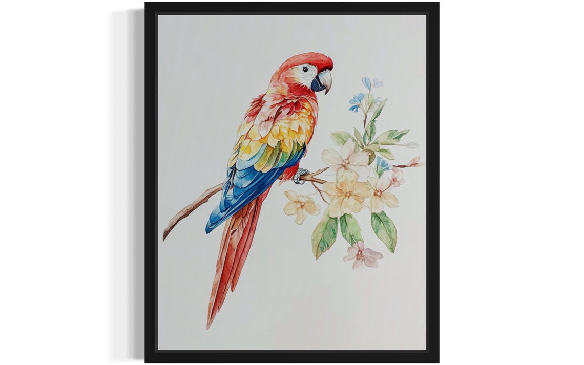 Scarlet Macaw Parrot with Blossoms Watercolor Tropical Poster