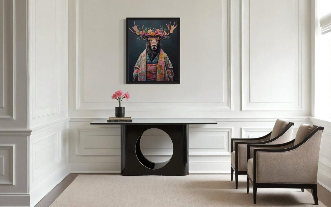 Moose Wearing Flower Crown and Floral Kimono Fine Art Decor Poster - Image 3