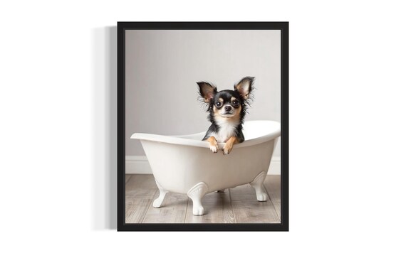 Black and Tan Chihuahua Puppy in White Bathtub Cute Dog Photo Poster