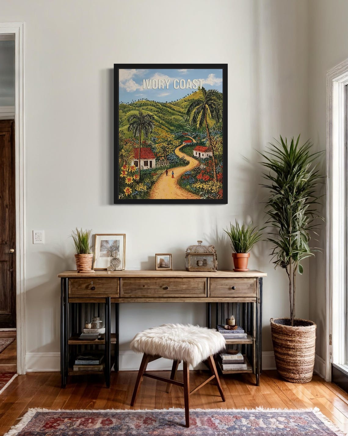 Ivory Coast Tropical Hillside Path with Red-Roof Houses Travel Poster - Image 2