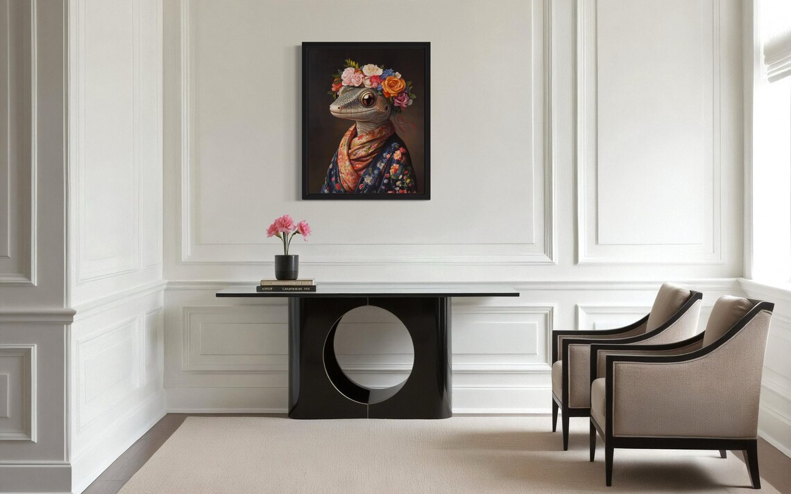 Gecko Wearing Flower Crown and Floral Robe Portrait Fine Art Decor Poster - Image 2