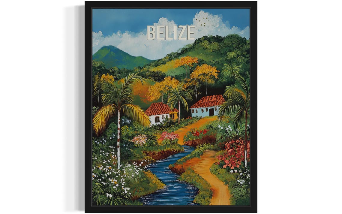 Belize Winding Blue Stream Palm Trees White Houses Folk Art Poster