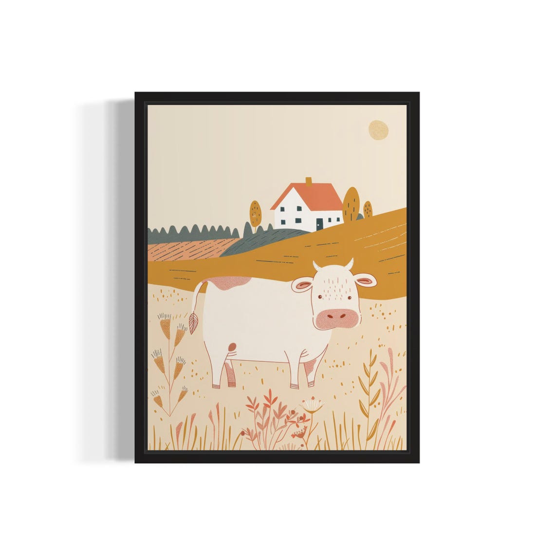 White Cow Farmhouse Golden Field Boho Landscape Artwork Poster