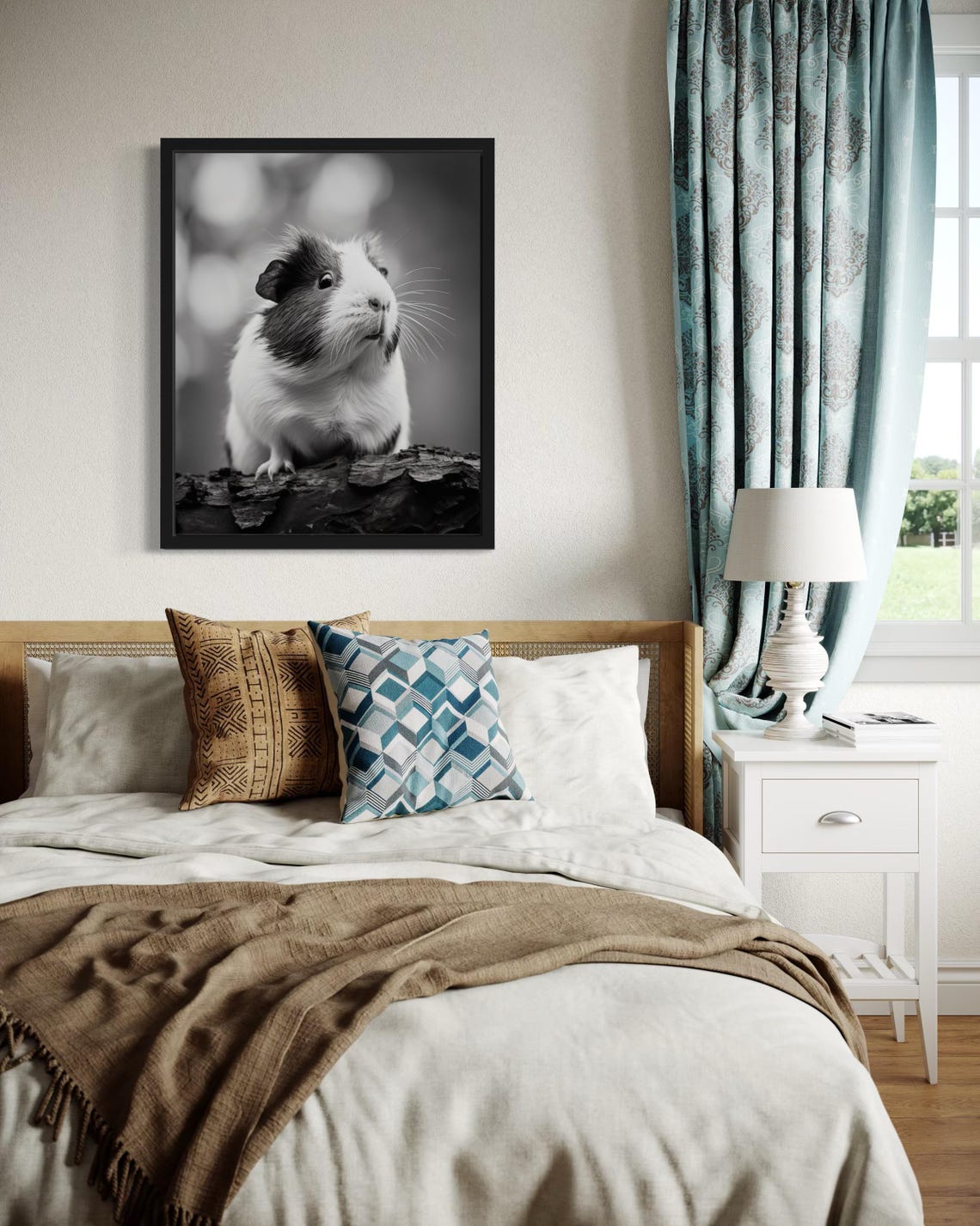 Cute Guinea Pig Sitting on a Log Black and White Photo Poster - Image 4