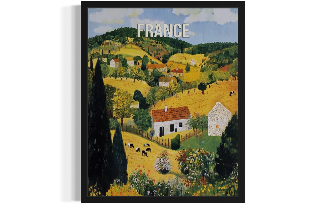 France Golden Provencal Farmhouse Tall Cypress Folk Art Poster