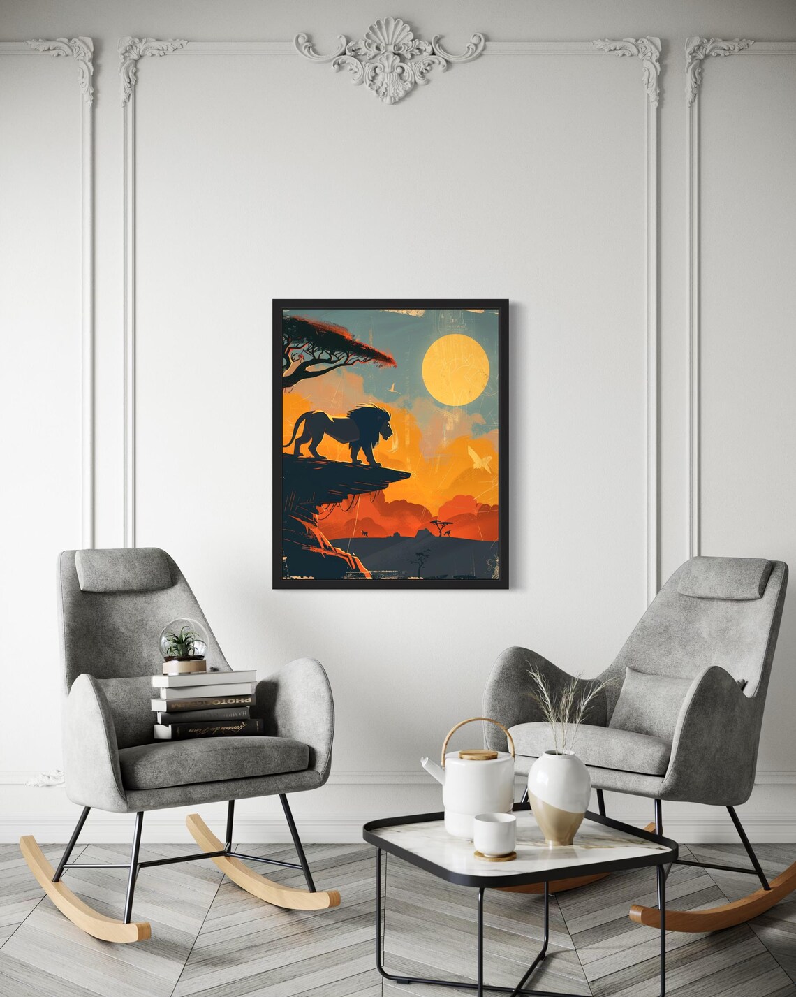 Lion Silhouette Standing on a Rocky Ledge African Sunset Art Poster - Image 3