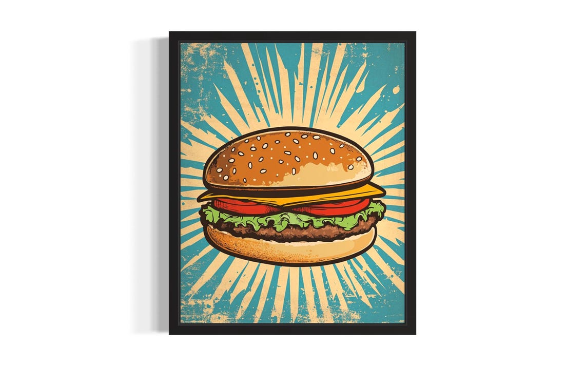 Cheeseburger Pop Art Retro Comic Kitchen Diner Decor Wall Art