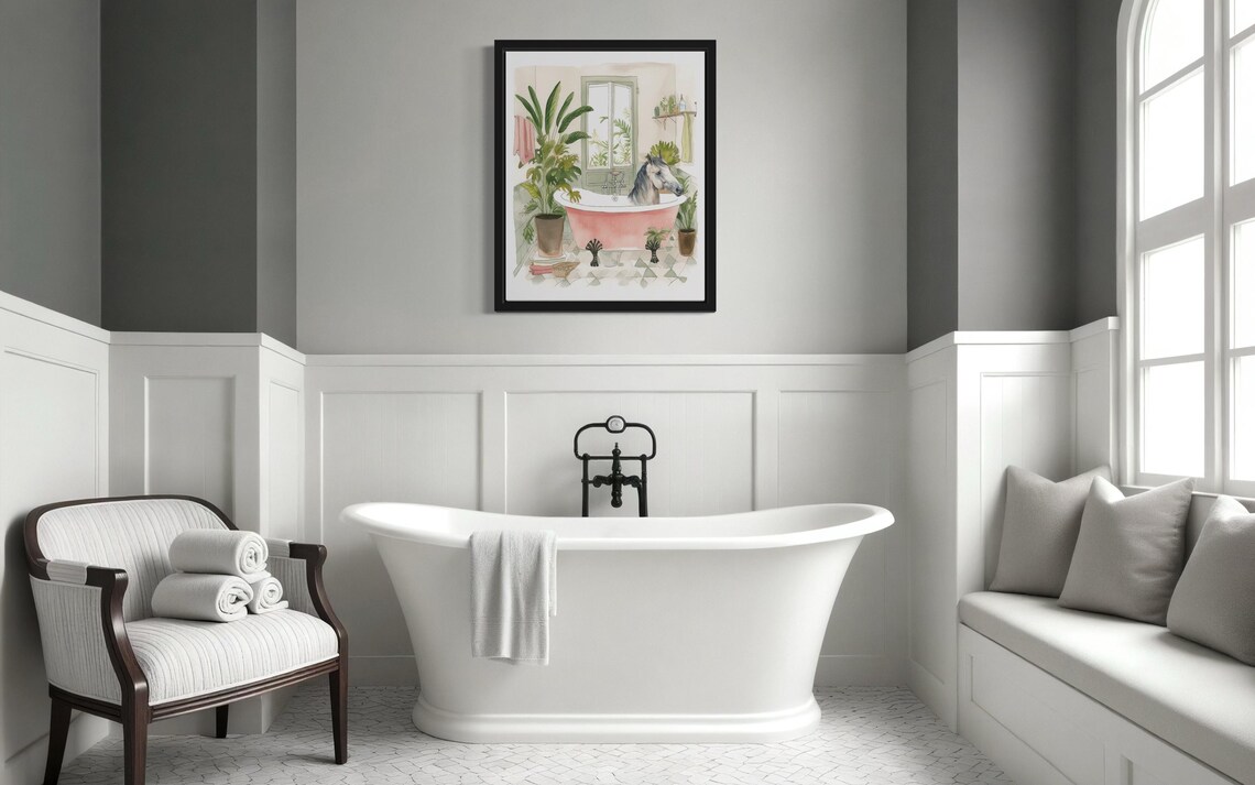 Playful Horse Relaxing in a Pink Clawfoot Bathtub Whimsical Art Poster - Image 2