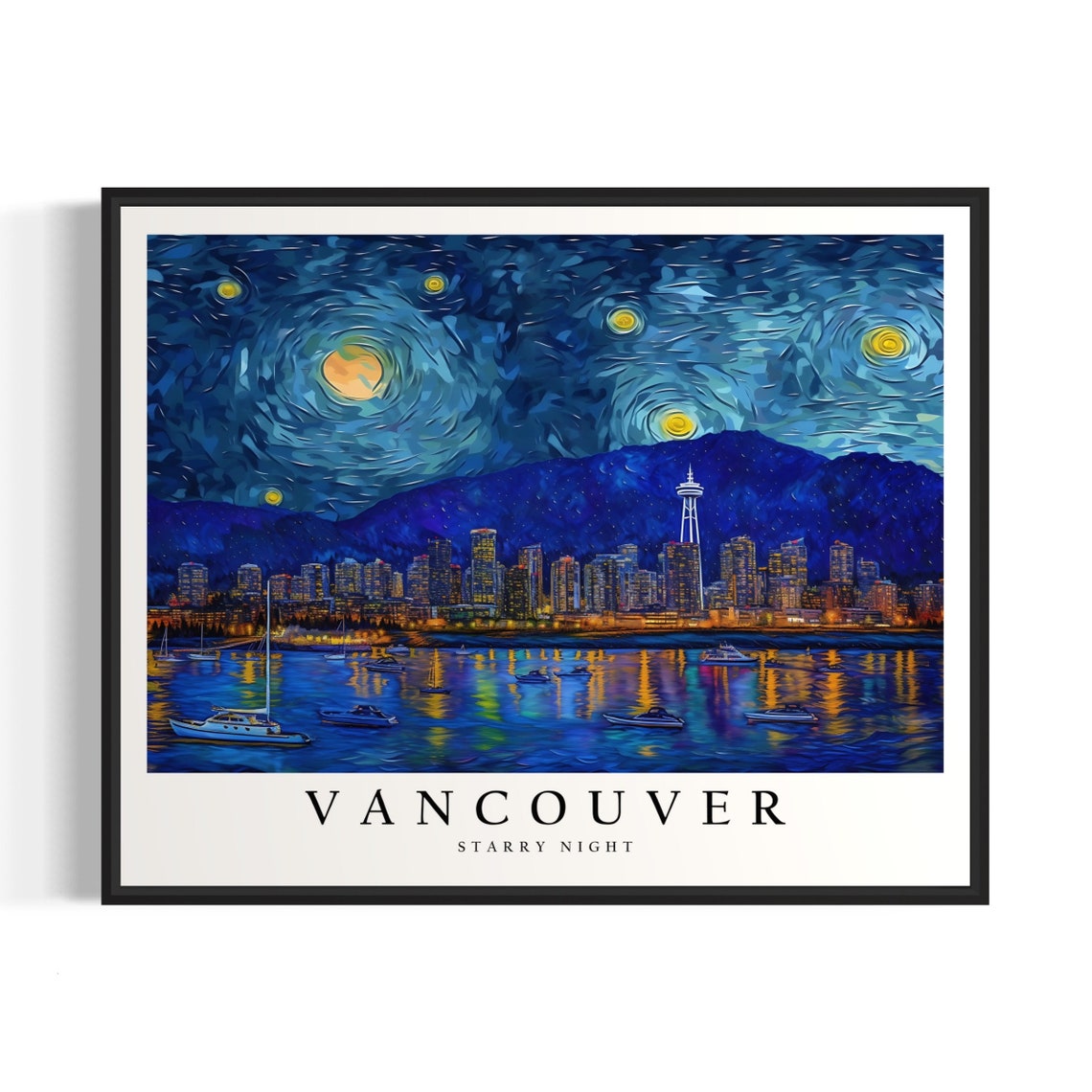 Vancouver Starry Night Harbor Boats Skyline Moonlit Art Poster