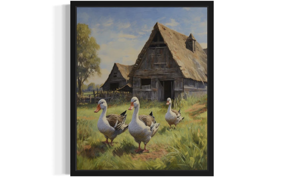 Three Geese Walking in a Farmyard Before a Wooden Barn Vintage Poster