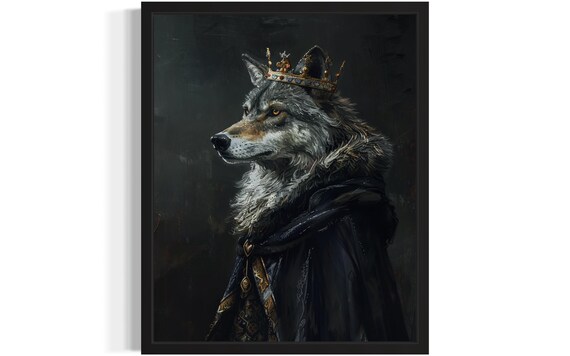 Crowned Gray Wolf King In Gold Embroidered Robe Gothic Portrait Poster