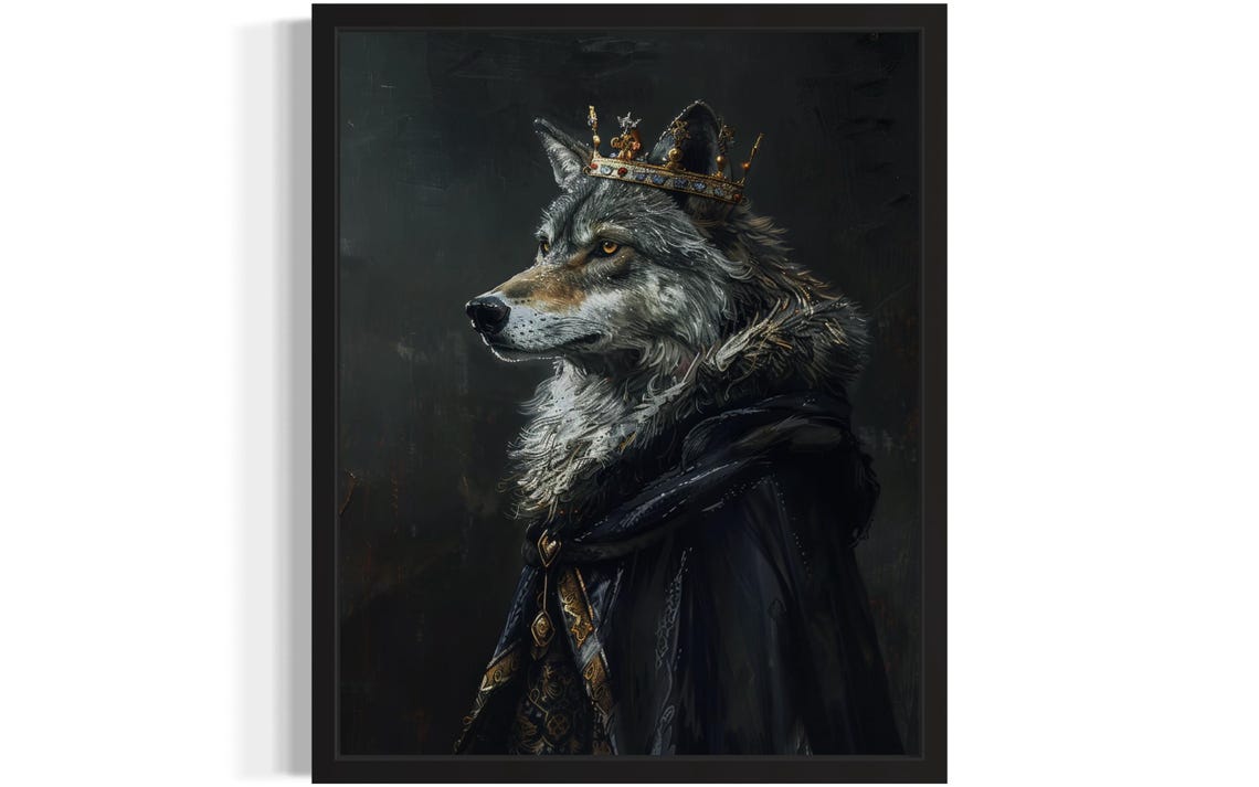 Crowned Gray Wolf King In Gold Embroidered Robe Gothic Portrait Poster