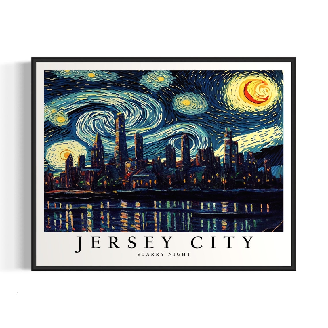 Jersey City Starry Night Skyline Water Reflection Night Poster