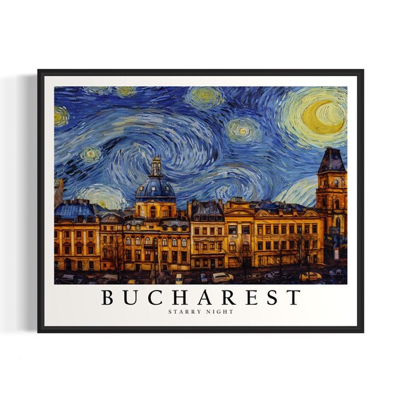 Bucharest Romania Starry Night Historic Buildings Skyline Art Poster