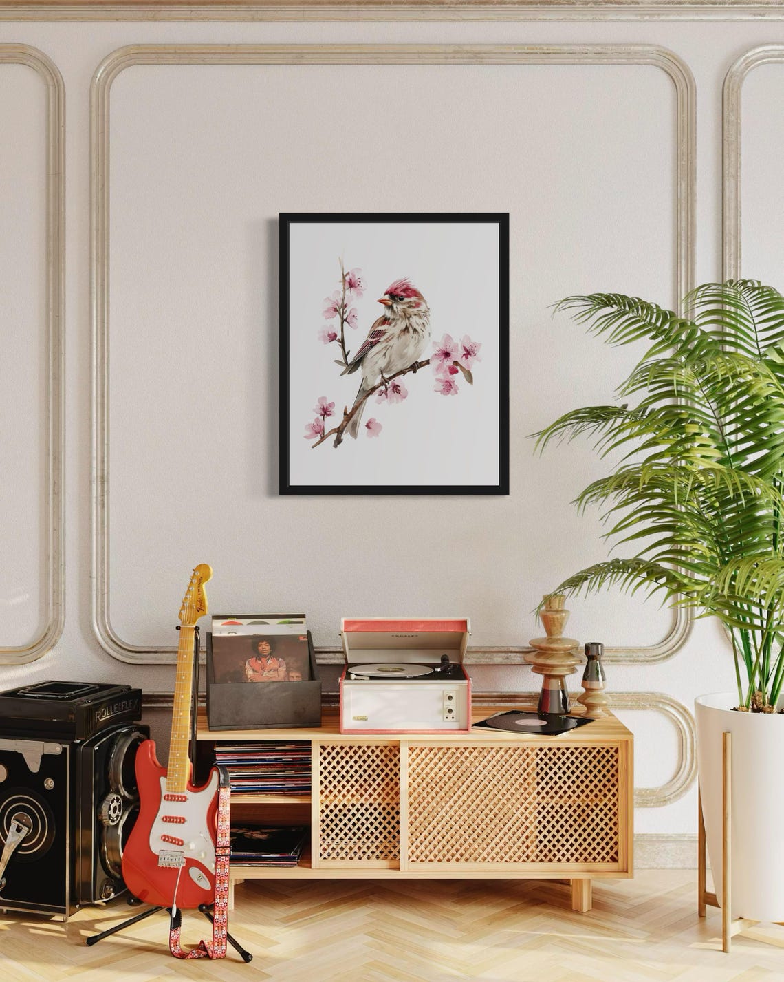 Common Redpoll Songbird on Pink Blossoms Watercolor Bird Poster - Image 4