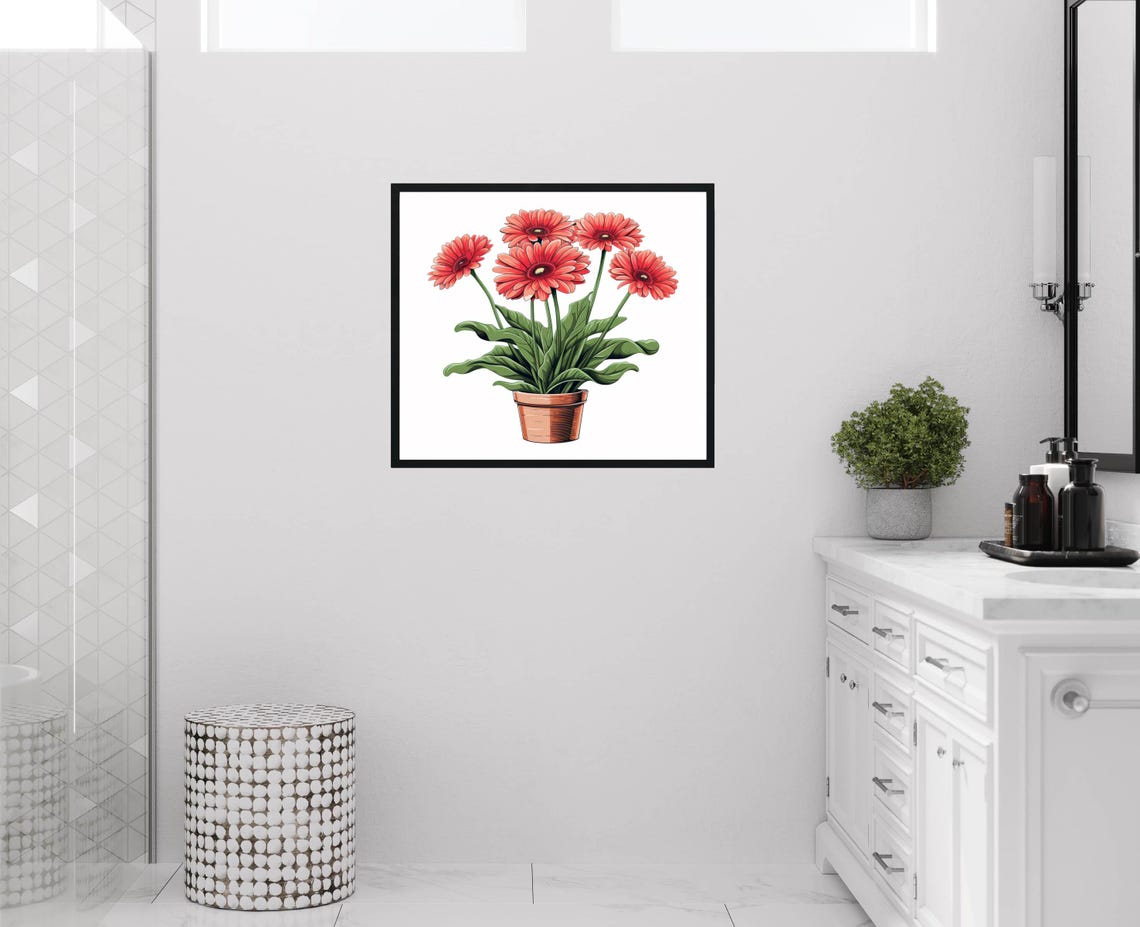 Gerbera Daisy Plant Coral Red Blooms Terracotta Pot Art Poster - Image 2