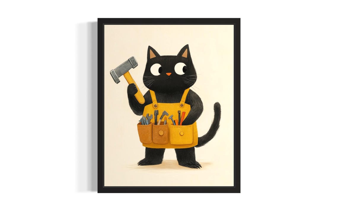 Black Cat Handyman With Hammer and Tool Belt Funny Workshop Poster