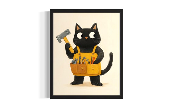 Black Cat Handyman With Hammer and Tool Belt Funny Workshop Poster